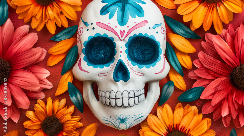 Watercolor illustration of a sugar skull with bright marigold petals and candles for Day of the Dead bright simple watercolour background Watercolor illustration of a sugar skull with bright marigold petals and candles for Day of the Dead bright simple watercolour background
