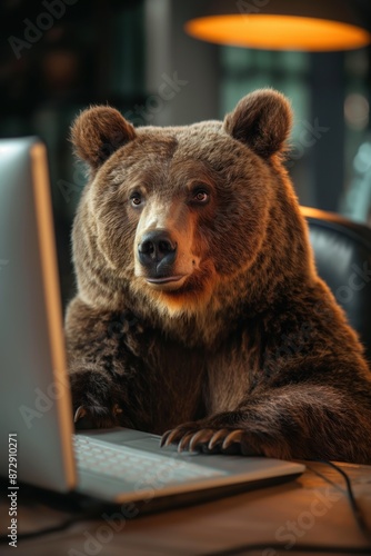 Brown bear sits on desk with laptop keyboard. Bear looks directly at camera with friendly gaze. Soft light from window creates gentle shadows. Perfect scene for tech influencer or eco-friendly brand. photo