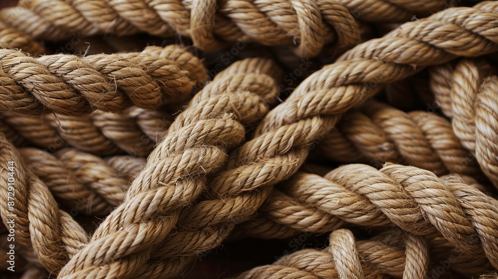 Thick braided hemp rope tied in a skein, used for decoration and design, with a background of fishing rope Thick braided hemp rope tied in a skein, used for decoration and design, with a background of fishing rope
