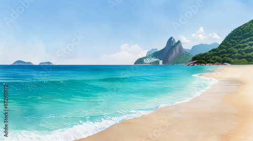 Watercolor illustration of a vibrant Rio de Janeiro beach with turquoise waters and golden sands ink watercolour 