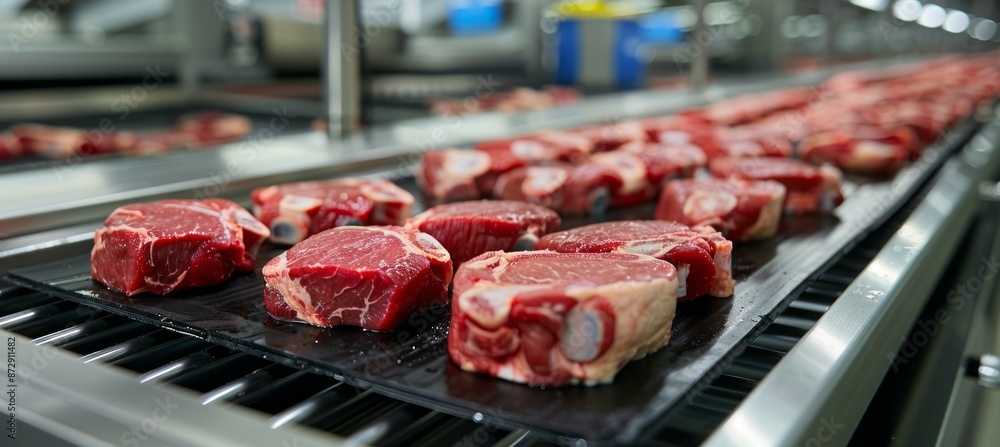 Beef on conveyor belt. Food industry factory. Generative AI technology.
Beef on conveyor belt. Food industry factory. Generative AI technology.