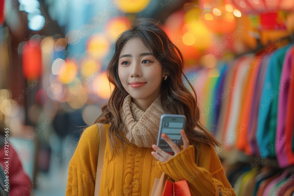 A young woman dressed in a yellow sweater enjoys shopping in a colorful environment, holding shopping bags in one hand and a mobile phone in the other, smiling contentedly. A young woman dressed in a yellow sweater enjoys shopping in a colorful environment, holding shopping bags in one hand and a mobile phone in the other, smiling contentedly.
