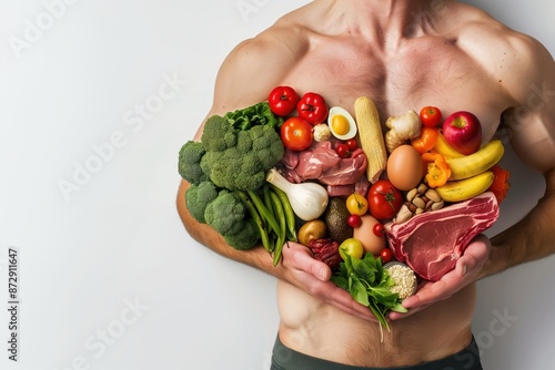 Muscular man holds heart-shaped arrangement of fruits, meat and vegetables on white background. Healthy eating concept, strong physique. Perfect for wellness, fitness, nutrition. photo