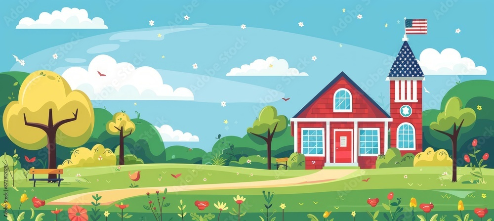 Rural home with nature landscape and America flag. 4th of July or America independence day. Generative AI technology.	
