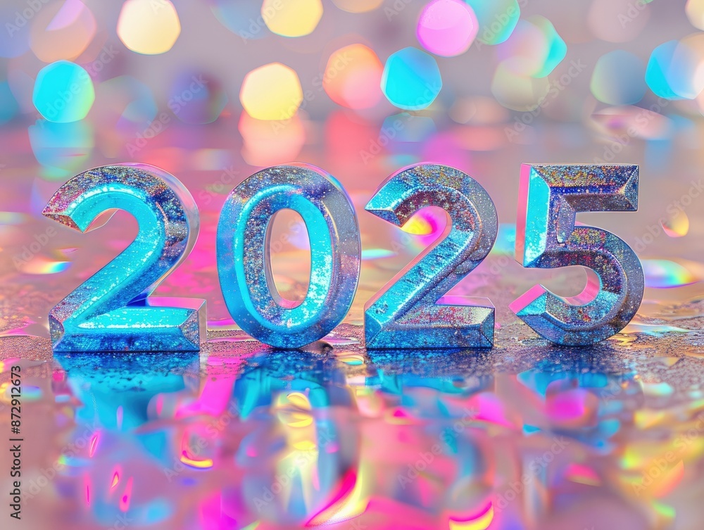 Year 2025 written in large, glittery numbers on a multi-colored, sparkling, and festive background, capturing a celebratory vibe. Year 2025 written in large, glittery numbers on a multi-colored, sparkling, and festive background, capturing a celebratory vibe.