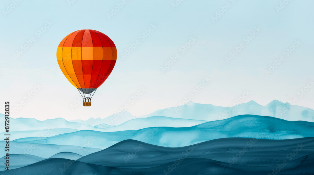 Obraz premium Watercolor illustration of an exhilarated hot air balloonist soaring above the surreal landscapes of Badlands National Park bright simple watercolour background 