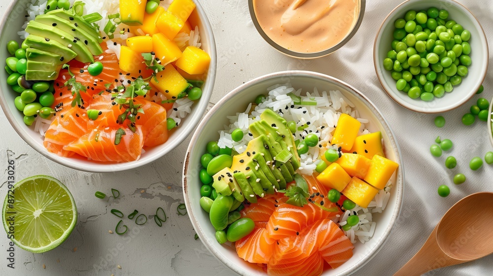 An aerial shot of food with rice, salmon and avocado slices, colored peas, mango pieces, lime juice, and edamame beans in small bowls on the side, on a white table cloth An aerial shot of food with rice, salmon and avocado slices, colored peas, mango pieces, lime juice, and edamame beans in small bowls on the side, on a white table cloth