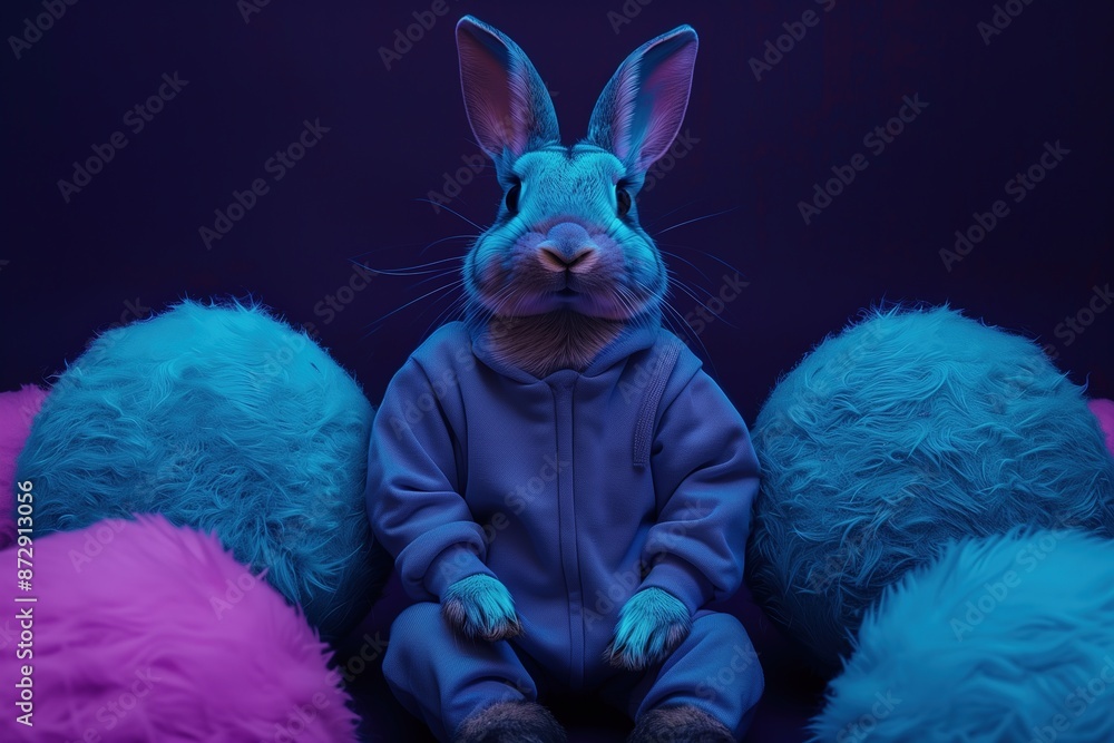 Anthropomorphic Rabbit in Blue Hoodie Sitting Among Blue and Pink Fluffy Spheres
