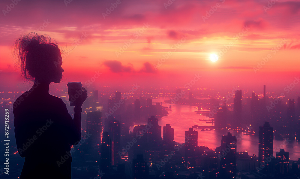 young female entrepreneur beginning workday at modern office building, vibrant urban skyline background, coffee in hand, startup business concept. young female entrepreneur beginning workday at modern office building, vibrant urban skyline background, coffee in hand, startup business concept.