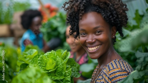 Black women in greenhouse, sharing garden produce with happy smile