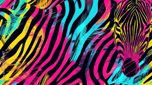 Abstract geometric zebra stripes, vibrant safari pattern, wild animal print, neon colors