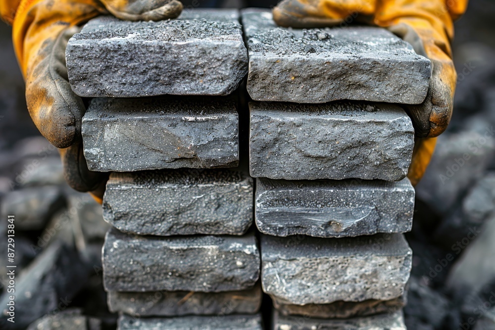 Close Up Of Hands Holding Stacked Gray Stone Pavers Close Up Of Hands Holding Stacked Gray Stone Pavers