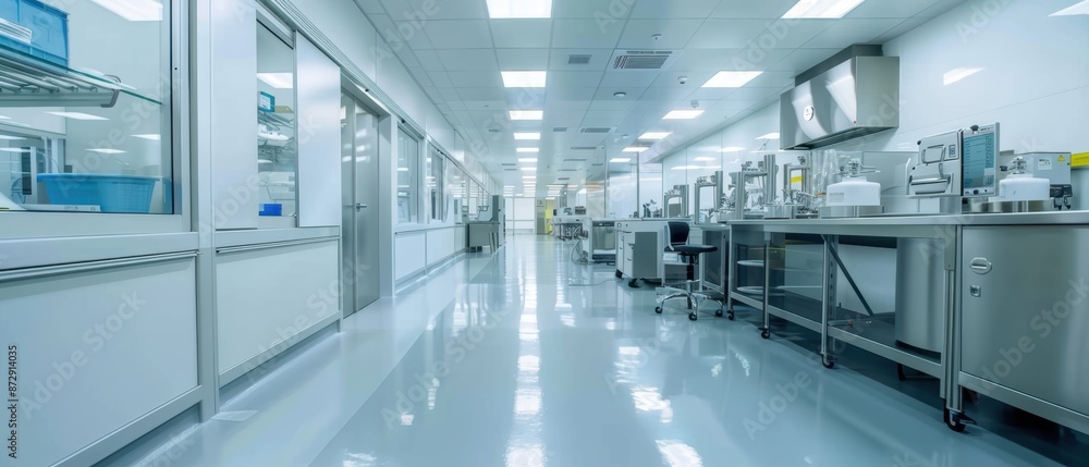 Obraz premium Bright and clean vaccine production facility, sleek design, advanced machinery, sterile lab environment