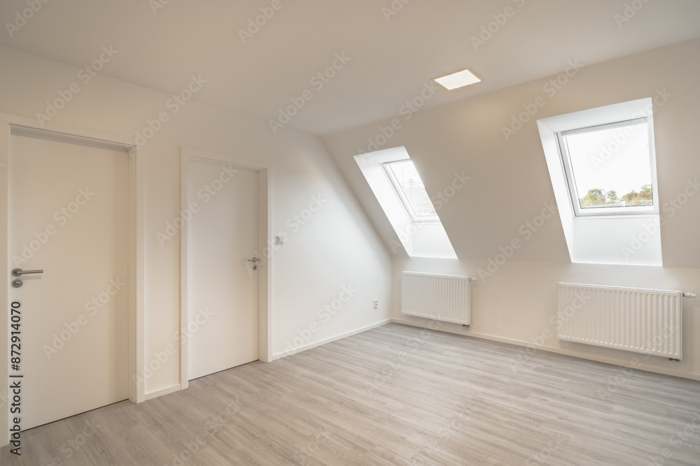 A bright, minimalist room with a slanted ceiling, two skylight windows, white walls, two radiators, and two closed white doors.
A bright, minimalist room with a slanted ceiling, two skylight windows, white walls, two radiators, and two closed white doors.