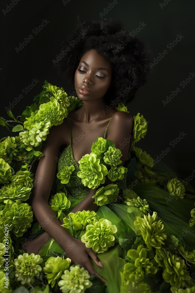 Black woman wears elegant green dress with floral adornment. High-end fashion concept showcases luxury and sophistication. Decor and florals create a luxurious setting. Black woman wears elegant green dress with floral adornment. High-end fashion concept showcases luxury and sophistication. Decor and florals create a luxurious setting.