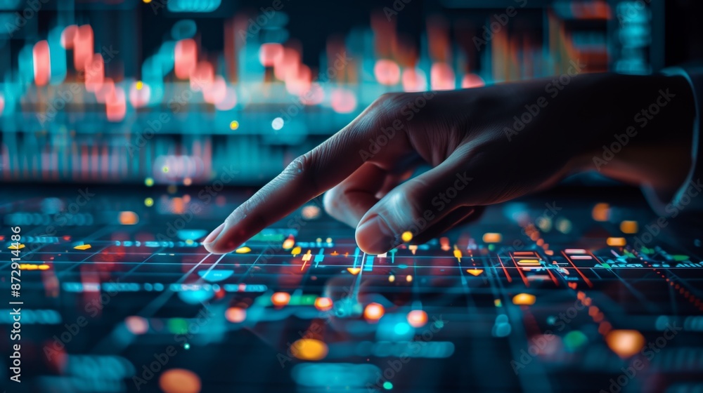 Hand pointing at rising stock market graph on digital screen, with financial data and candlestick chart background Hand pointing at rising stock market graph on digital screen, with financial data and candlestick chart background