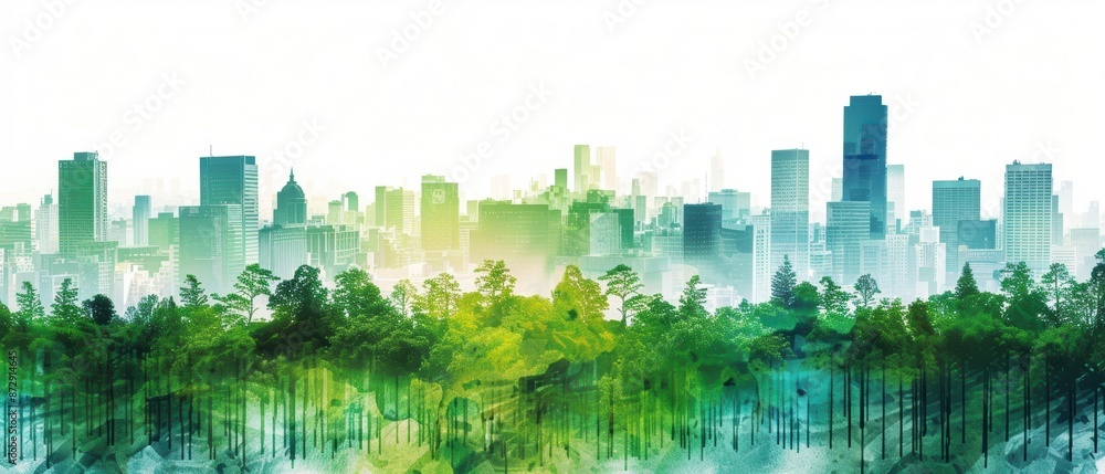 Fototapeta premium Double exposure silhouette of city view with green rooftops and buildings, sustainable urban living, vibrant palette