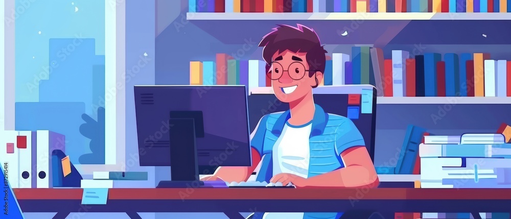 Happy student working on a computer, quiet study room, online coursework, advanced educational technology