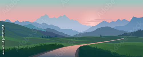 
Panoramic landscape of the road leading to the mountains, between green meadows, fields and forests. Beautiful vector illustration of a landscape of mountains, fields and meadows, sunset or sunrise.