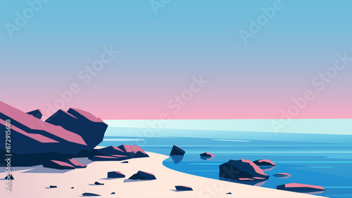 Seashore with a sandy beach, rocks and rocks. Vector illustration of an ocean beach against a beautiful pink blue sky background. Vacation and relaxation concept.
