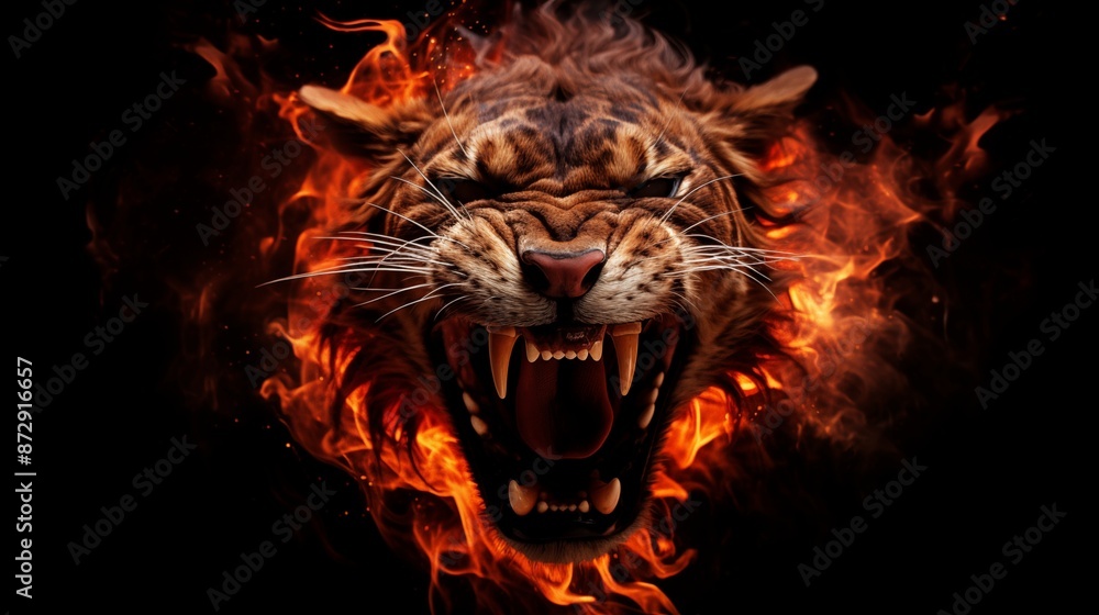 A fierce tiger enveloped in raging flames, roaring with intensity A fierce tiger enveloped in raging flames, roaring with intensity