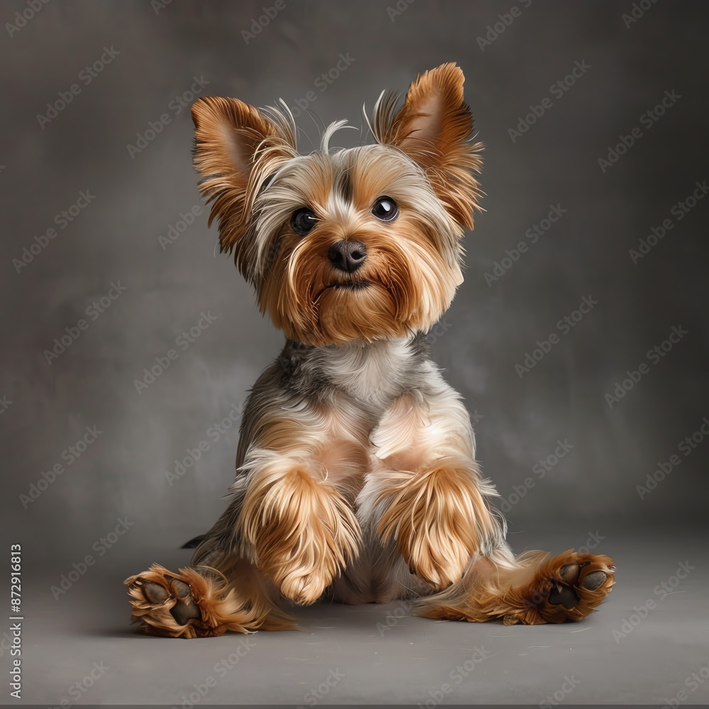 Cute Yorkshire Terrier puppy sitting on a gray background. Cute Yorkshire Terrier puppy sitting on a gray background.