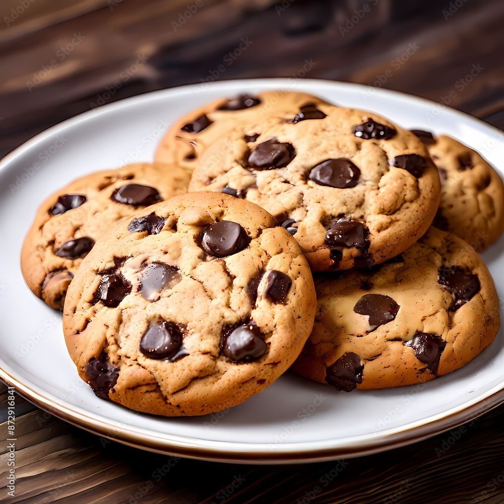 Fresh baked chip cookies on wooden table, AI Generated Fresh baked chip cookies on wooden table, AI Generated
