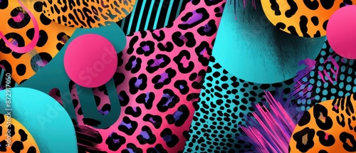 Fototapeta Naklejka Na Ścianę i Meble -  Abstract geometric animal print, wild safari theme, vibrant leopard spots, neon colors