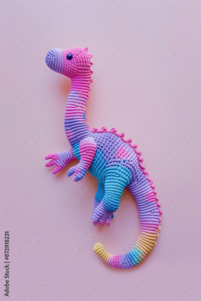 Fototapeta premium Whimsical Crocheted Dinosaur on Pastel Background - Handmade Amigurumi Dino Plushie Craft, Colorful Knit Toy, DIY Jurassic Prehistoric Creature Fiber Art Decor