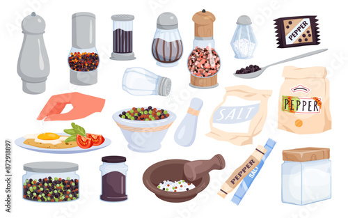 Salt and pepper set. Shaker for seasoning and adding condiments during cooking, natural white crystals container and pink salt in glass bottle, grinder for peppercorns cartoon vector illustration