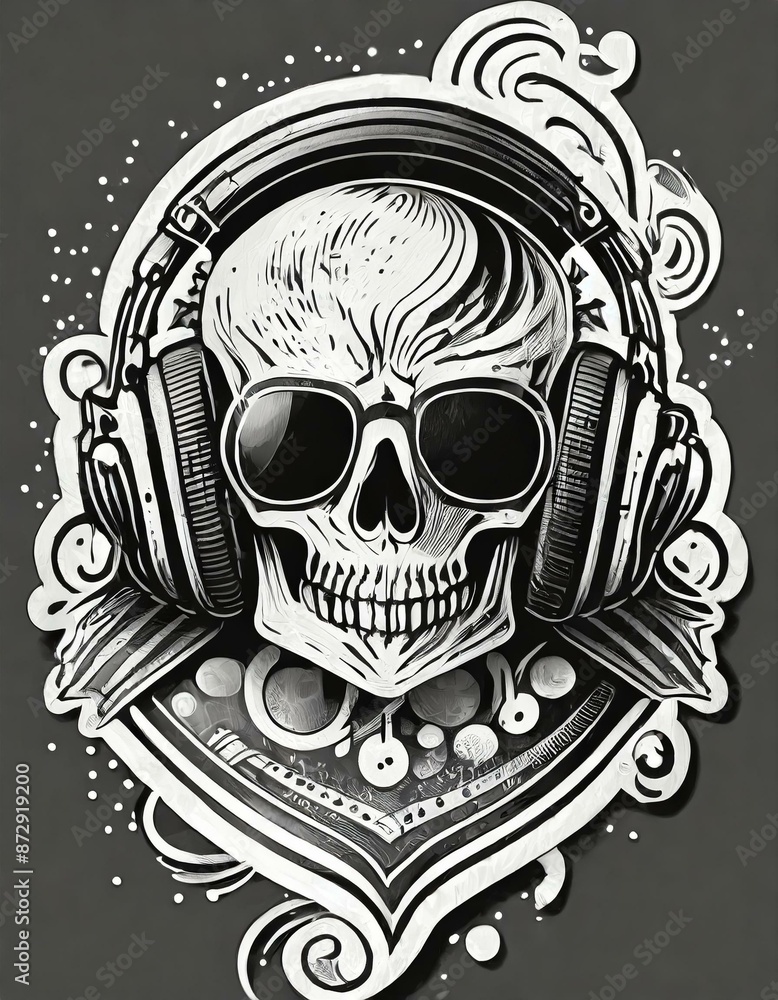 sticker tête de mort noir et blanc avec un casque audio en ia sticker tête de mort noir et blanc avec un casque audio en ia