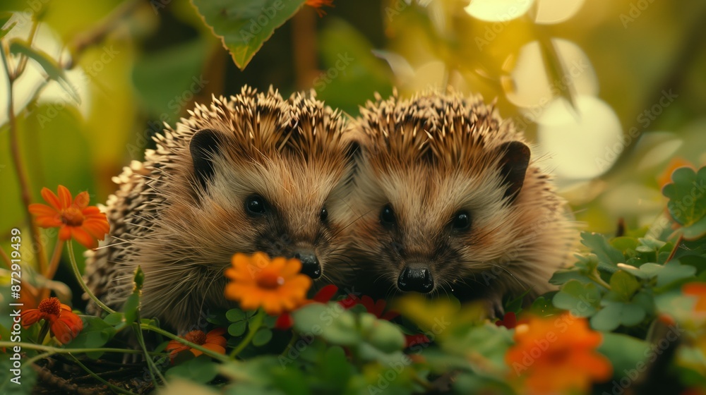 A pair of hedgehogs snuggling together in the forest, surrounded by vibrant greenery and small orange flowers under warm sunlight, with a focus on their faces A pair of hedgehogs snuggling together in the forest, surrounded by vibrant greenery and small orange flowers under warm sunlight, with a focus on their faces