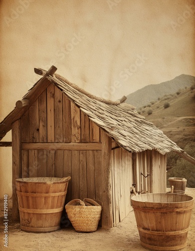 petite maison lavoir ancienne avec seau en bois en ia photo
