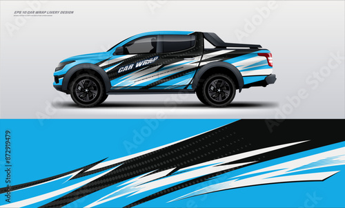 sporty car truck double cabin branding sport rally dakar touch of blue, mockup with racing wrap decal or livery design.