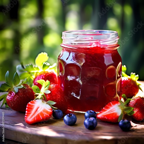 Glass jar of strawberry jam, AI Generated