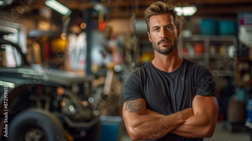 A photo of an attractive, confident and muscular mechanic standing with arms crossed looking at the camera inside a car workshop.