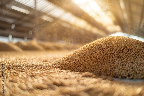 Wallpaper Mural Golden wheat grains stacked high in modern warehouse with transparent roof. Industrial setting with blurred background emphasizes grain golden color. Close-up view of wheat pile on concrete floor. Torontodigital.ca