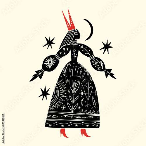 Pagan ritual fairytale princess girl dance slavic girl folk horned folklore traditional costume, doodle cartoon vector on white background, Illustration Isolated clipart
