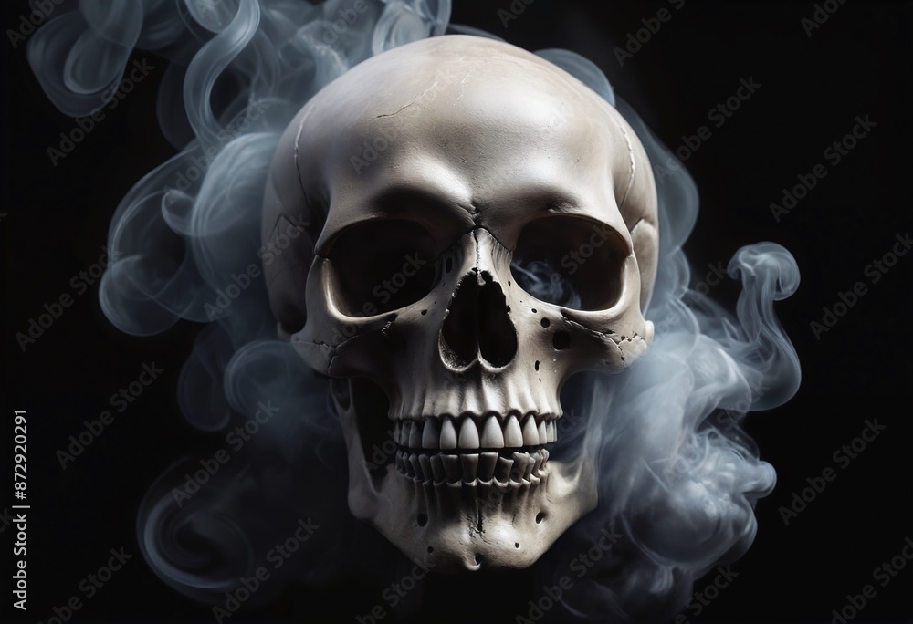A skull surrounded by smoke on a black background A skull surrounded by smoke on a black background
