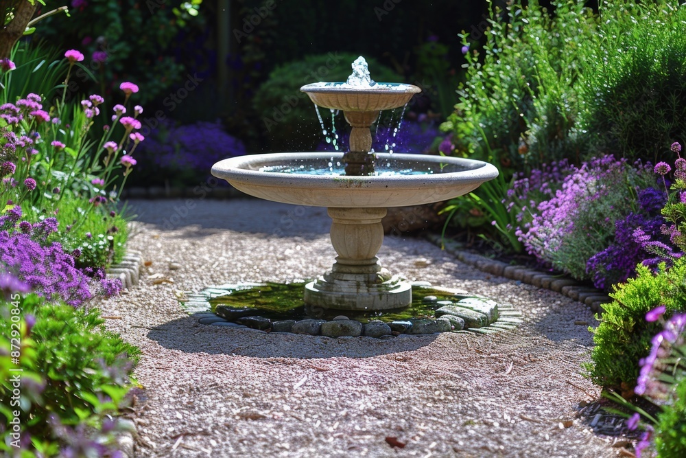 Stone Fountain In A Garden Pathway Stone Fountain In A Garden Pathway