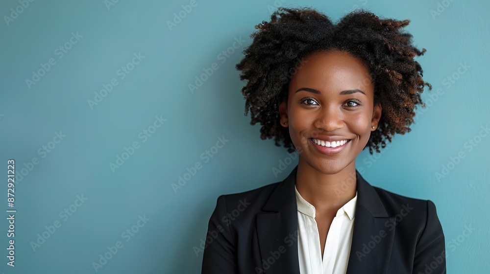 Smiling Black Businesswoman with Tailored Suite standing on blue plain background Smiling Black Businesswoman with Tailored Suite standing on blue plain background
