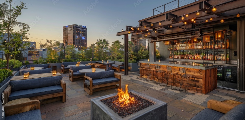 Rooftop Bar With Fire Pit And City Views At Dusk Rooftop Bar With Fire Pit And City Views At Dusk