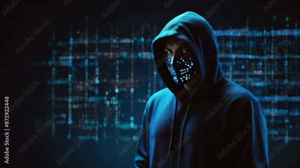 A person wearing a dark hoodie and a white mask with a blue light shining through it. There is a blue circuit board in the background. A person wearing a dark hoodie and a white mask with a blue light shining through it. There is a blue circuit board in the background.