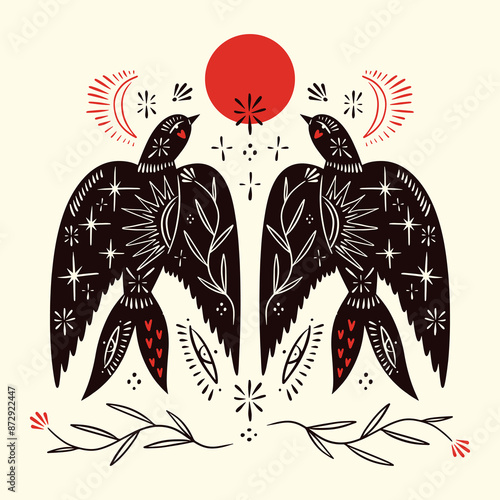 Birds and flowers, set of vector ornate design elements. Abstract bird decor apparel branding in hand-drawn folk rustic patterned minimal style, good for hand crafted local brand products and more