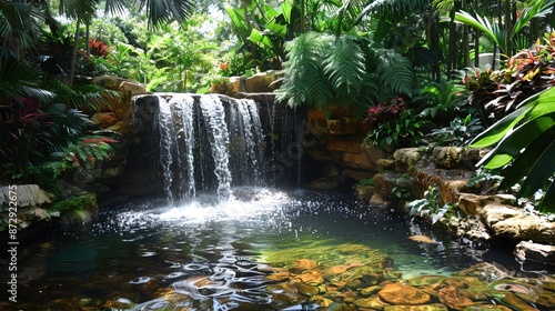 A hidden waterfall with rainbow-colored water and lush greenery, ample copy space