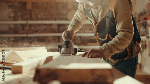 Wood, sander and carpenter in workshop with tools for furniture, production or construction project. Handyman, building and woodworking process in warehouse with manufacturing or labor in business	
