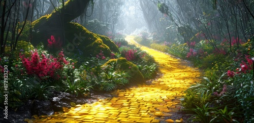 Yellow Brick Road Winding Through Lush Forest Garden