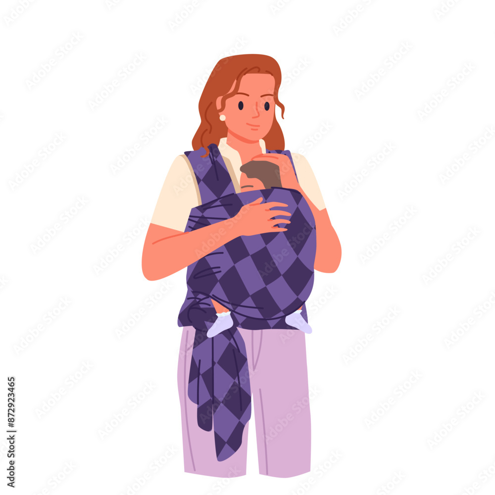 Young mother carrying baby wrapped in checkered sling blanket. Front portrait of happy mom and toddler, woman hugging kid in purple wrap carrier with love and care cartoon vector illustration Young mother carrying baby wrapped in checkered sling blanket. Front portrait of happy mom and toddler, woman hugging kid in purple wrap carrier with love and care cartoon vector illustration