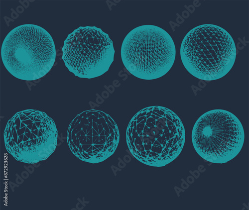 3D Geometric shapes set, editable stroke wireframe. Line mesh spheres, geodesic dome. Vector outline figure collection, linear form, graphic design element. Architectural surface, organic concept vect