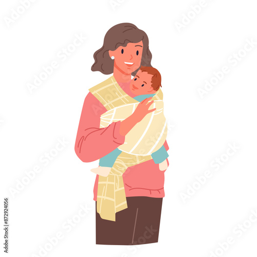Happy mother holding kangaroo sling with newborn baby, motherhood, parenting. Cute young woman in casual dress hugging small kid, carrying boy in carrier with love cartoon vector illustration